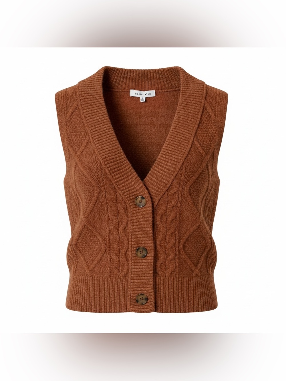 Hooked Up Cropped Cable Knit Button-Up Sweater Vest - Rust Brown- Size Small NWT - Picture 2 of 2